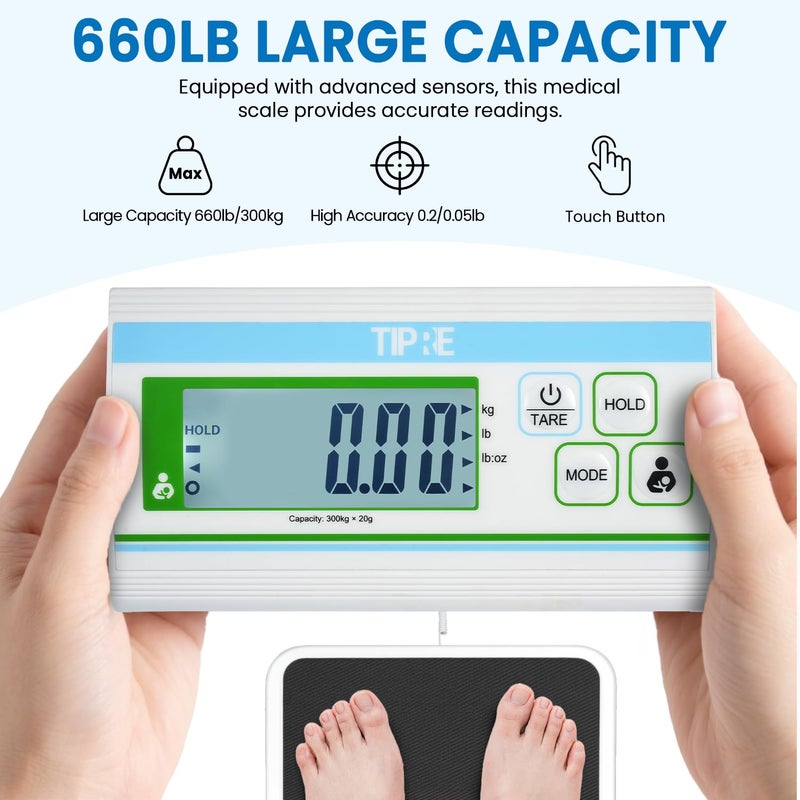 TIPRE Medical Grade Floor Scale Professional Physician Scale 660lb Wrestling Scale for Body Weight Bariatric Scale Heavy Duty Easy to Read Separate Display Screen for Home, Hospital & Physician Use - Image 2